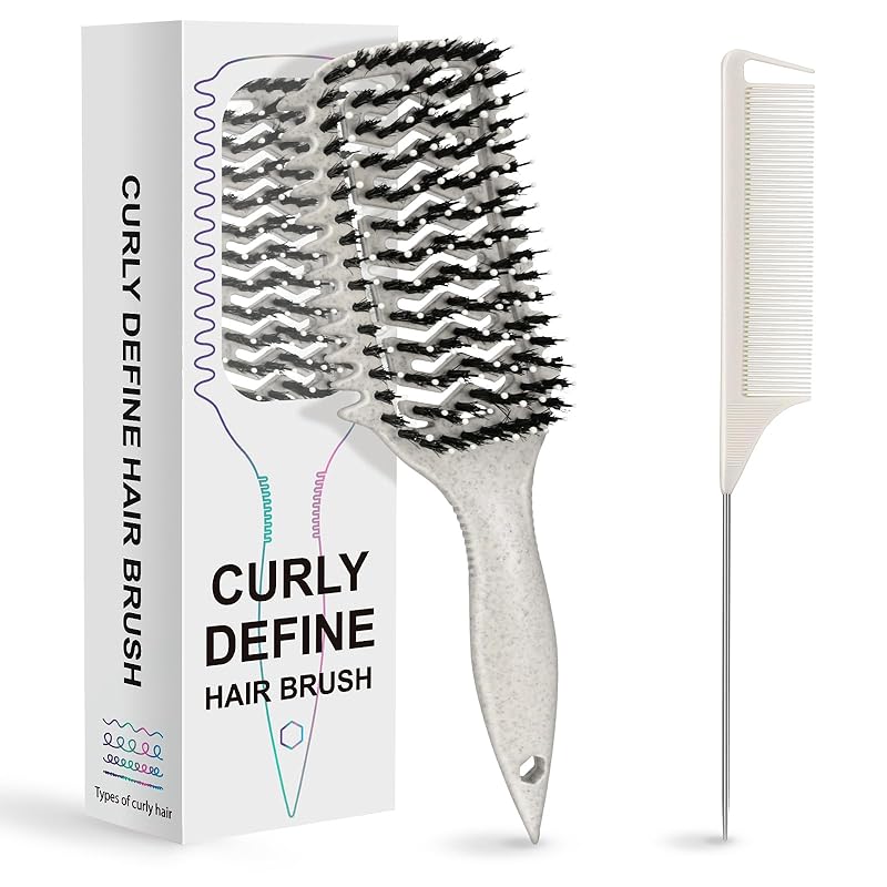 Boar Bristle Hair Brush, Curl Defining Brush, Curly Hair Brush, Vented Detangler Brush for Shaping and Styling Curls, Anti-Frizz for Women and Men