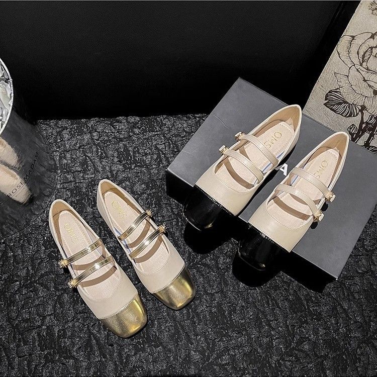 Xiaoxiangfeng Flat-bottomed Mary Jane Women's Shoes Fairy Wind Square Head Splicing Soft Casual Versatile One-word Buckle Light Mouth Single Shoes