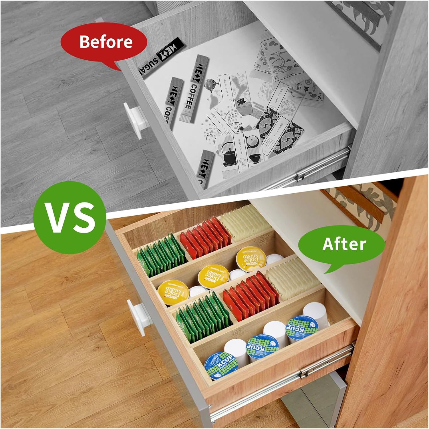 2 Pack Bamboo Tea Bag Organizer for Drawer, Wood Hot Tea Bag Storage Organizer Holder with 4 Compartments, Tea Chest Box for Coffee Station, Sugar