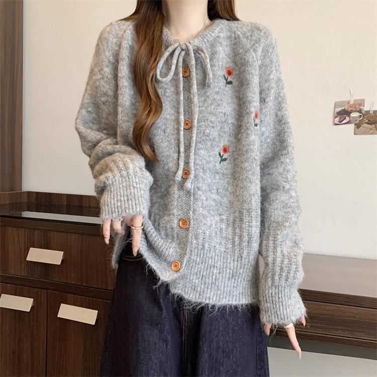 Свободный свитер в стиле ретро-шик с завязками на шее: Женский корейский мягкий вязаный кардиган One Size серый