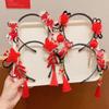 Red Flower Tassel Headband Pearl New Year Headwear Cute Hanfu Wig Headband  Children