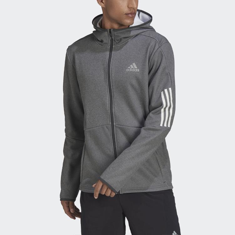 Adidas Stripe Zip-Up Hoodie Men Outerwear Grey HC3061