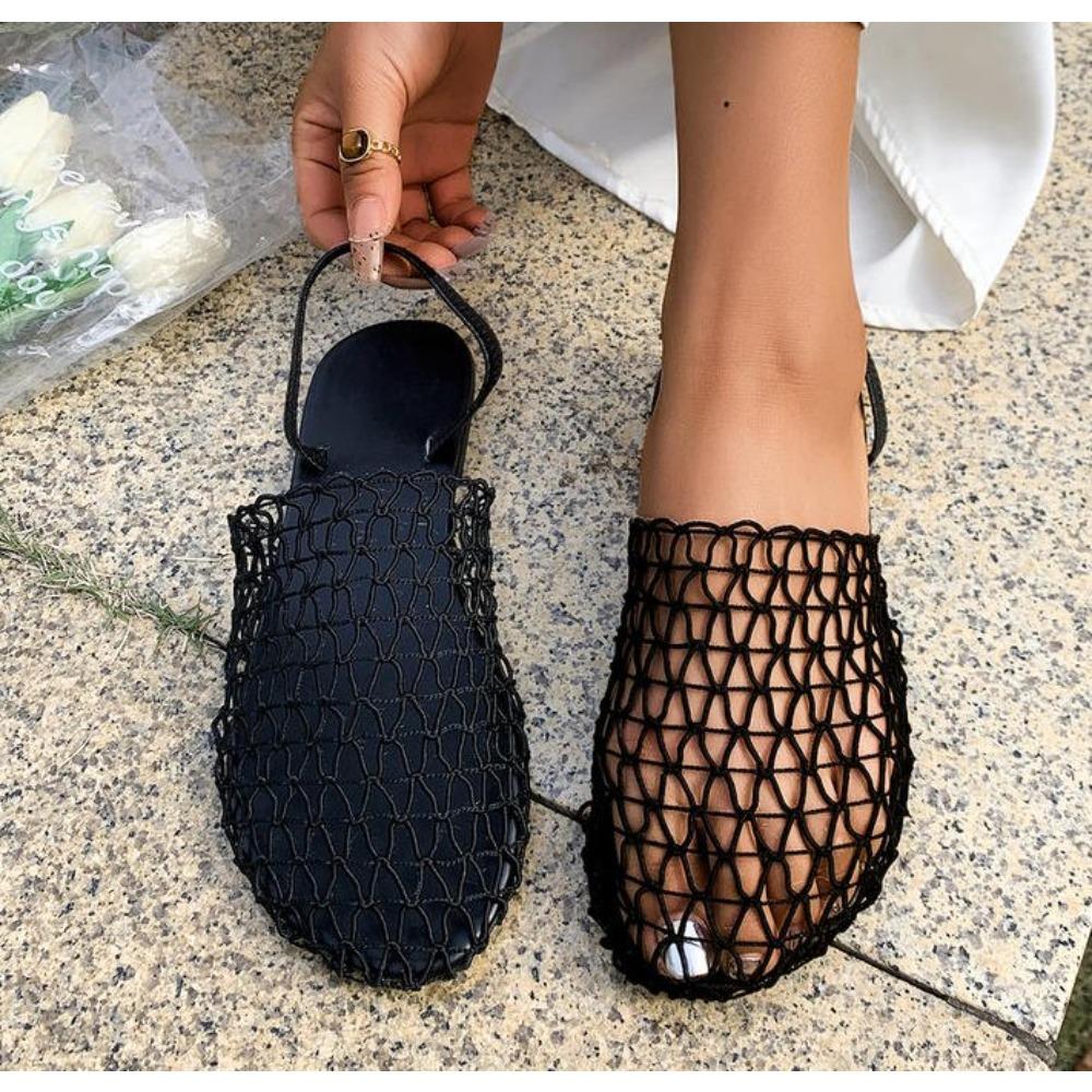Women Summer Thin Band Braid Mesh Sandals Hollow Two Ways To Wear Slides Women Comfy Round Toe Flats Mules Travel Beach Slippers