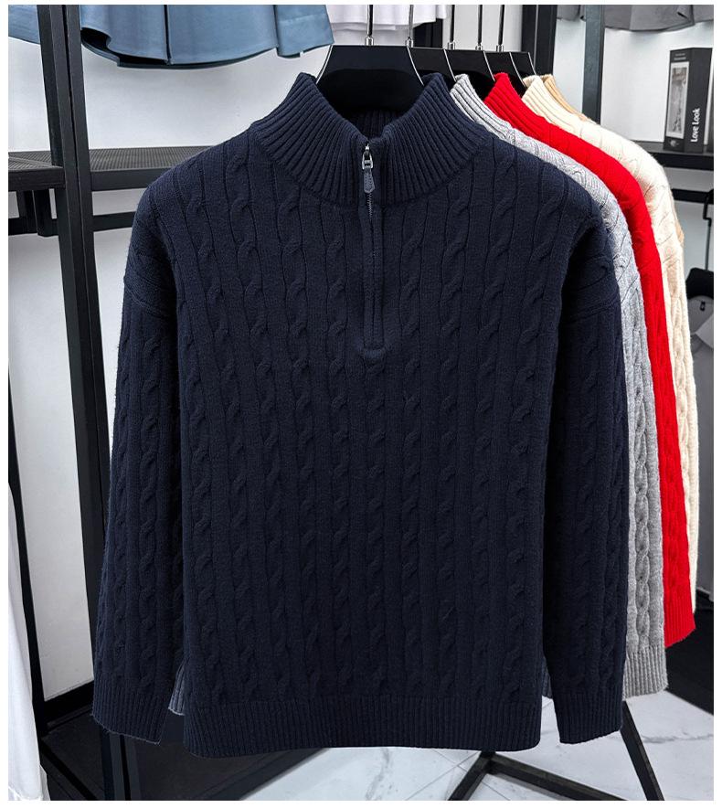 Men's Light Luxury Cable Knit Half-Zip Sweater with Stand Collar - Business Casual Autumn/Winter Outerwear