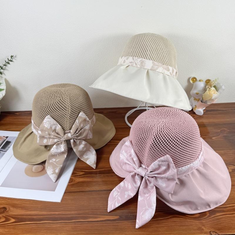 Women's Printed Bow Fisherman Hat with Large Brim Summer UV Resistant Folding Sun Hat