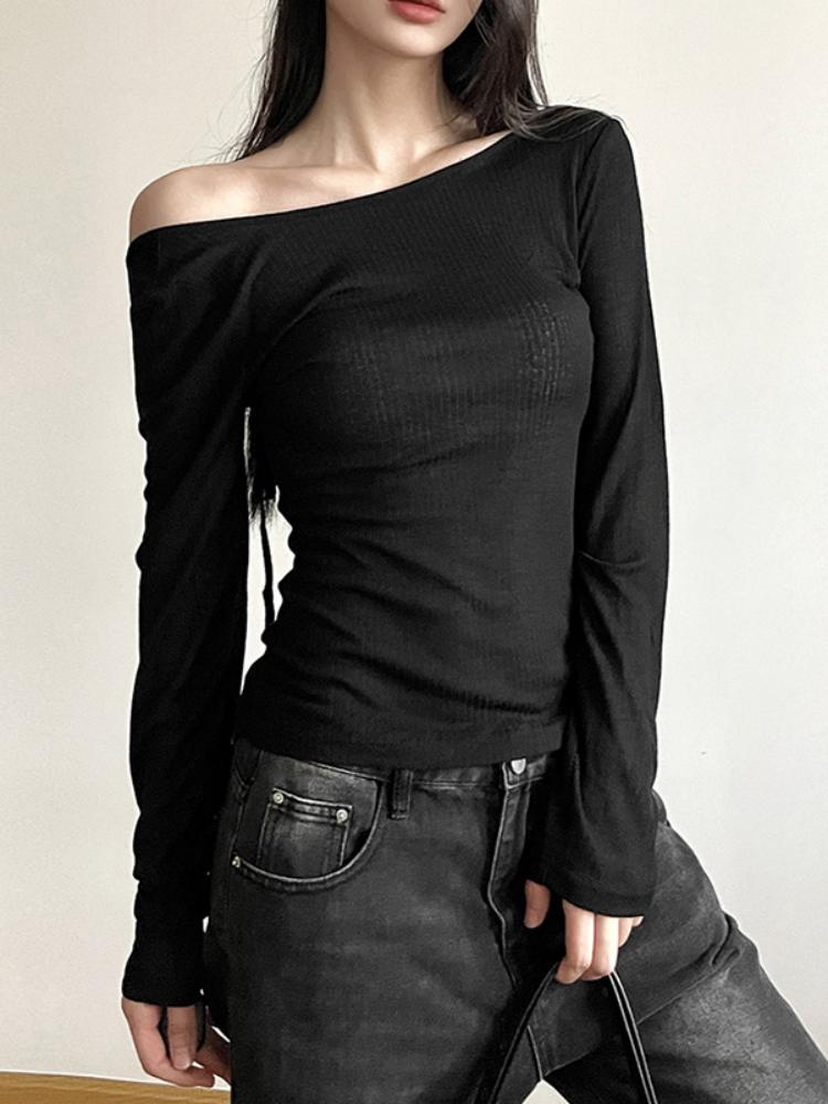 Women Autumn Long-sleeved Slash Neck Crops Tops Elastic Sexy Slim Backless T-Shirts Female New Fashion Lace-up Solid Top Tees