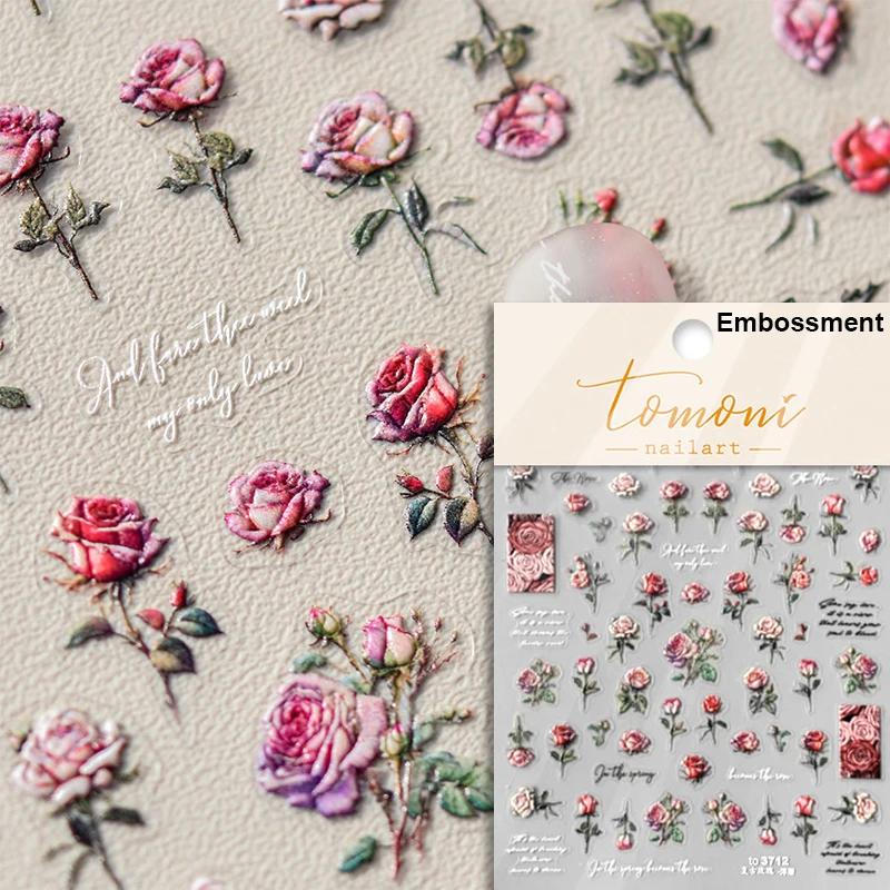 1pcs 5D Bronzing Shininy Flower Nail Art Stickers Pink Sakura Self-Adhesive Nail Decorations Decals Accessories