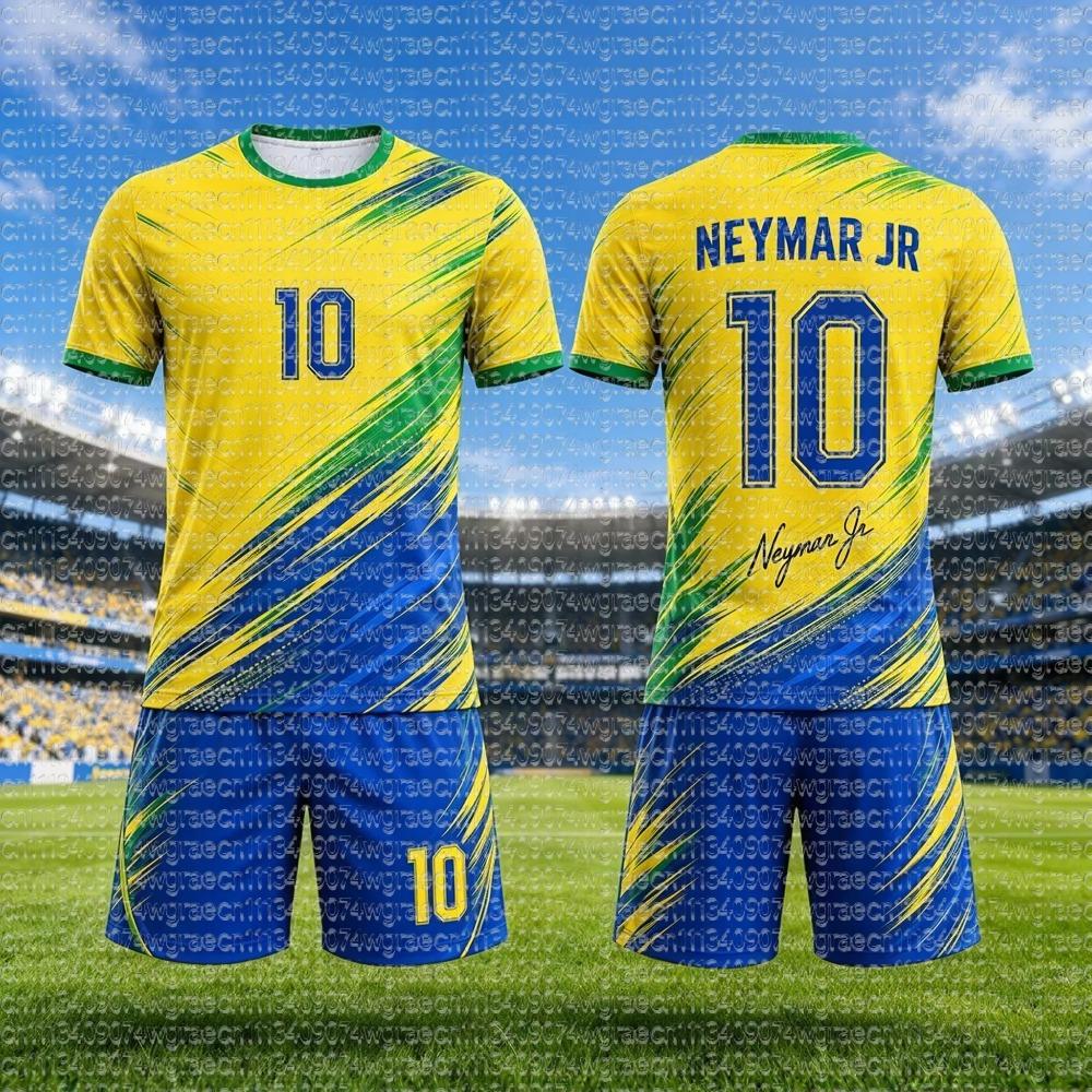 2026 Brazílie Neymar #10 Fotbalový dres Set, Fotbalové tričko Pánské Dámské Dětské, Samostatný top k dispozici, Fanouškovské tričko Šortky 2dílná tepláková souprava