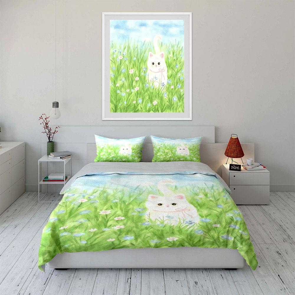 Cat-Themed Pastoral Art Set Soft Comfortable Duvet Cover Bedding Set Included 1*Duvet Cover & 2*Pillowcases, Gift