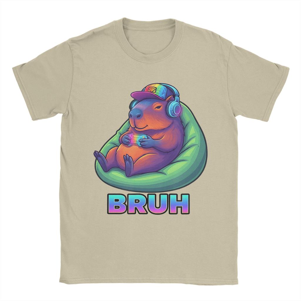 Funny Capybara Bruh Video Games Lovers T Shirts for Men Pure Cotton Novelty TShirts O Neck  Tee Shirt Short Sleeve Clothing