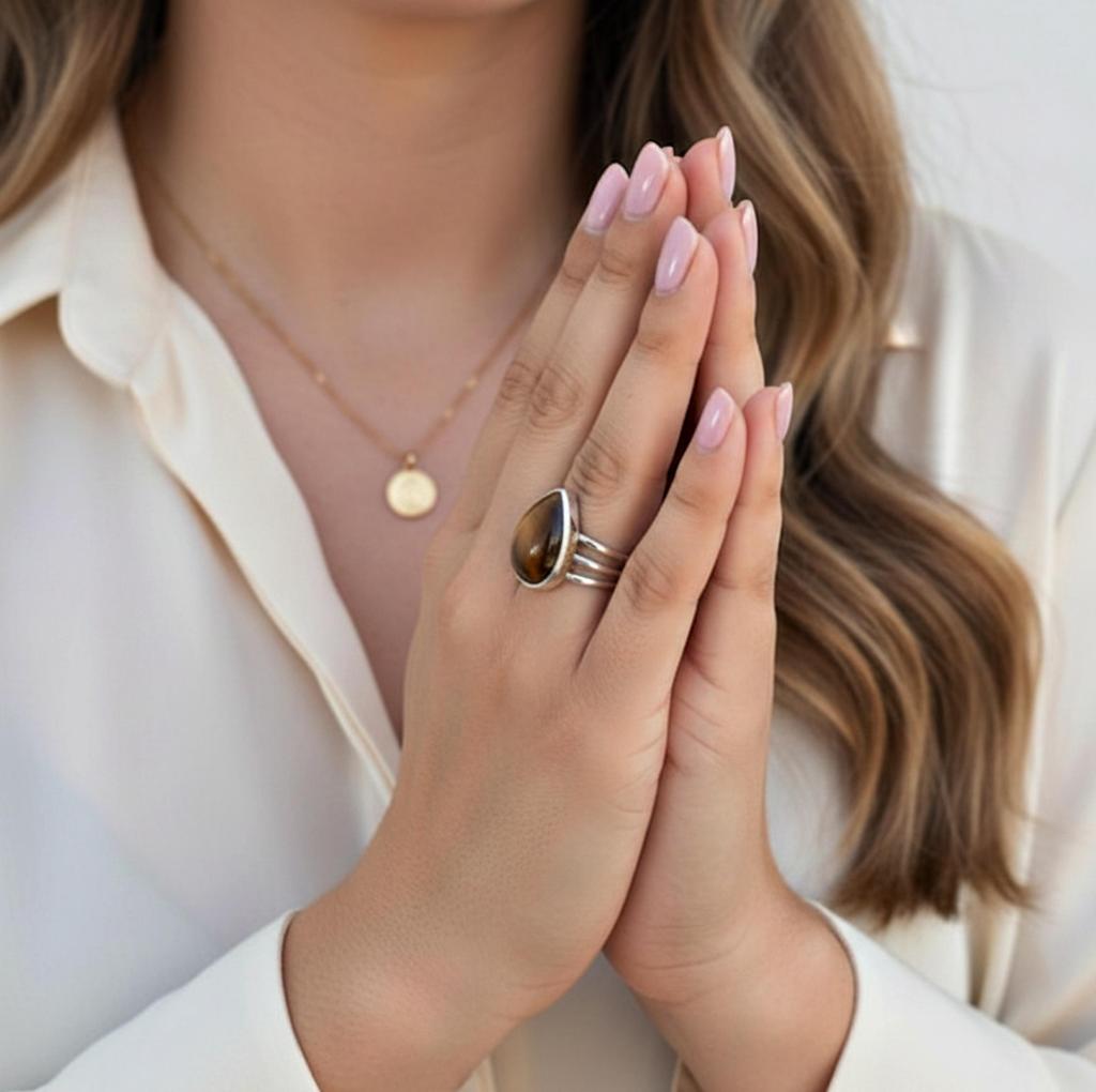 Tiger Eye Teardrop Statement Ring, 925 Sterling Silver, Minimalist Large Cocktail Ring for Women