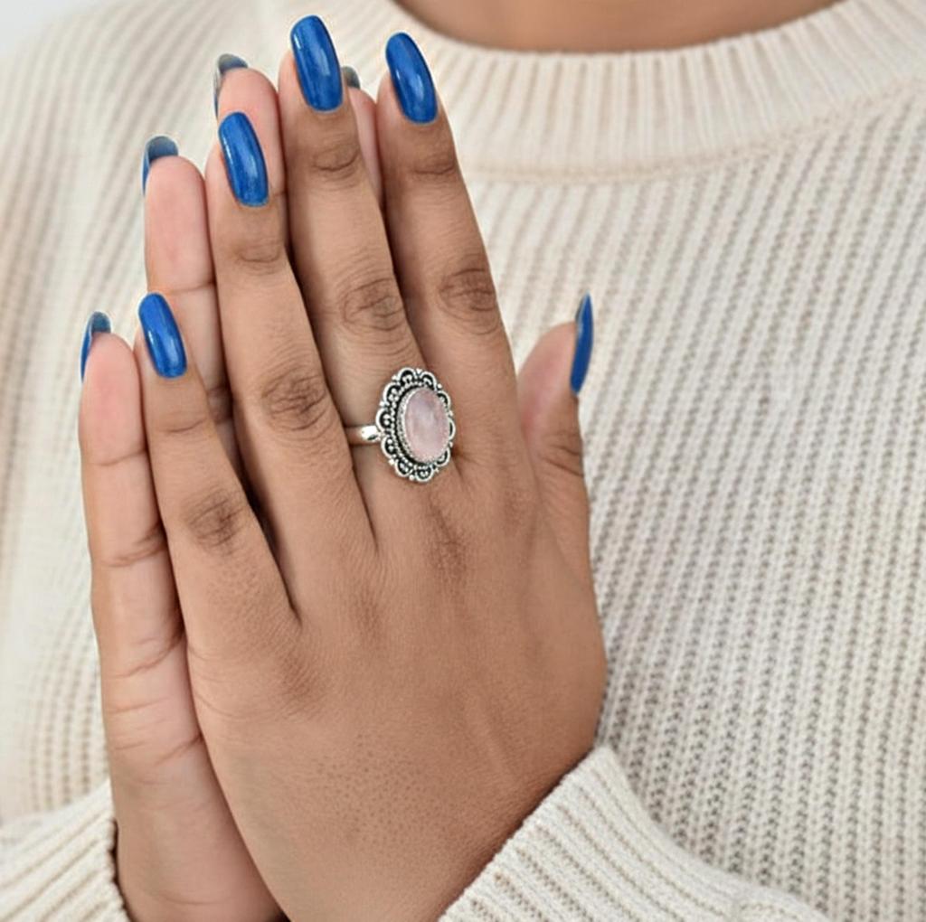 Rose Quartz Ring Set In 925 Sterling Silver – Handmade Oval Pink Stone Ring, Bohemian Jewelry for Women