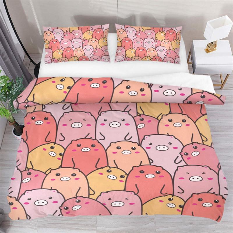 Cartoon Lovely Pig Duvet Cover Set Kawaii Animal Bedding Set King Microfiber Farmhouse Wildlife Theme Comforter Cover Pillowcase