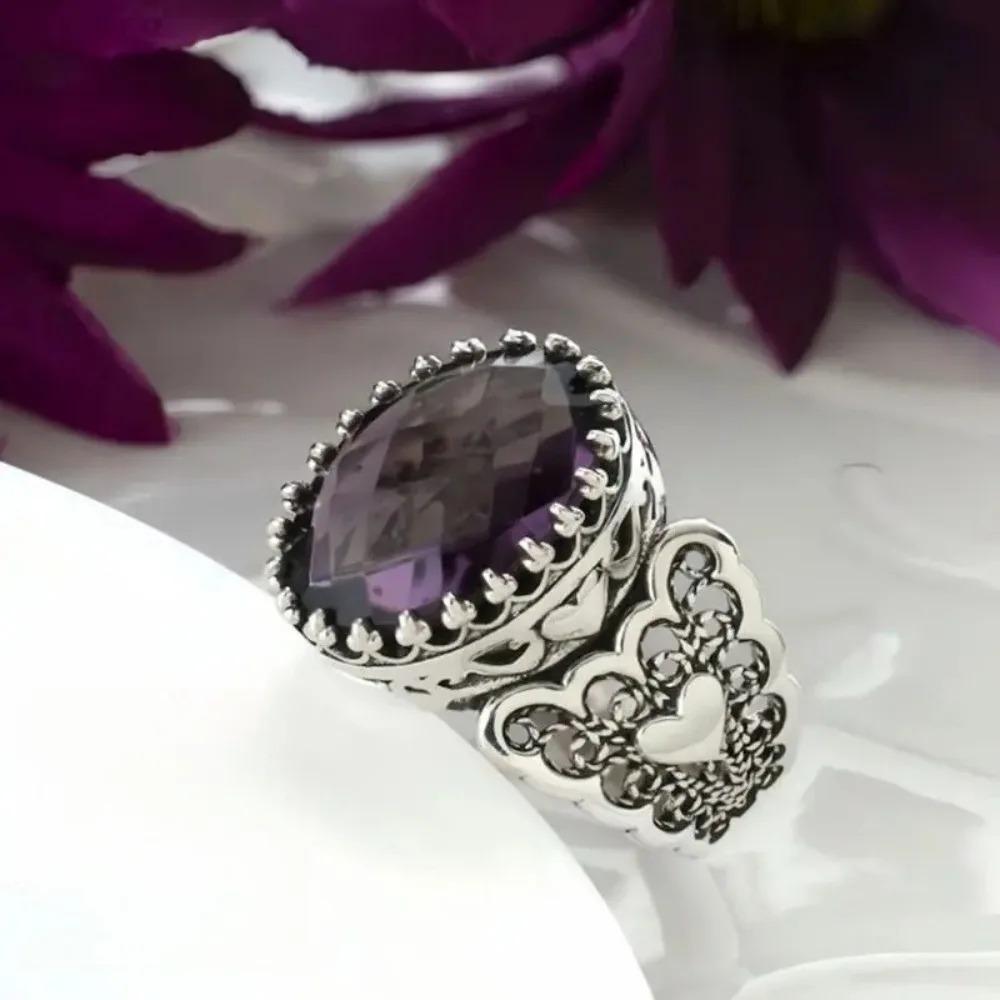 Luxus Glitzer Oval Lila Imitation Edelsteine Antik Silber Herz Ausgeschnitten Breite Ringfläche Ringe für Damen Bankett Schmuck