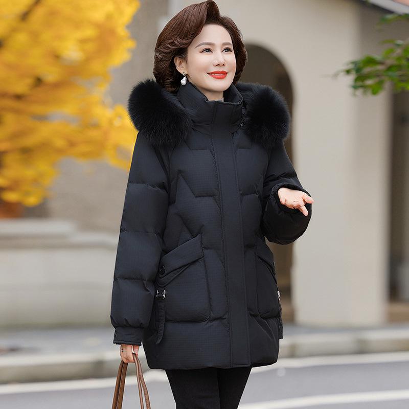 Authentic Mid-Length Women's Winter Down Jacket with Real Fur Collar for Middle-Aged and Elderly    