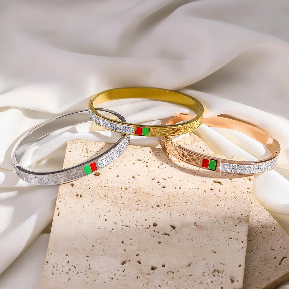 Htpwe Stainless Steel Red And Green Oil-dripping Zirconium Bracelet Women Plated 18k Couple Holiday Gift Bracelet Party Zircon