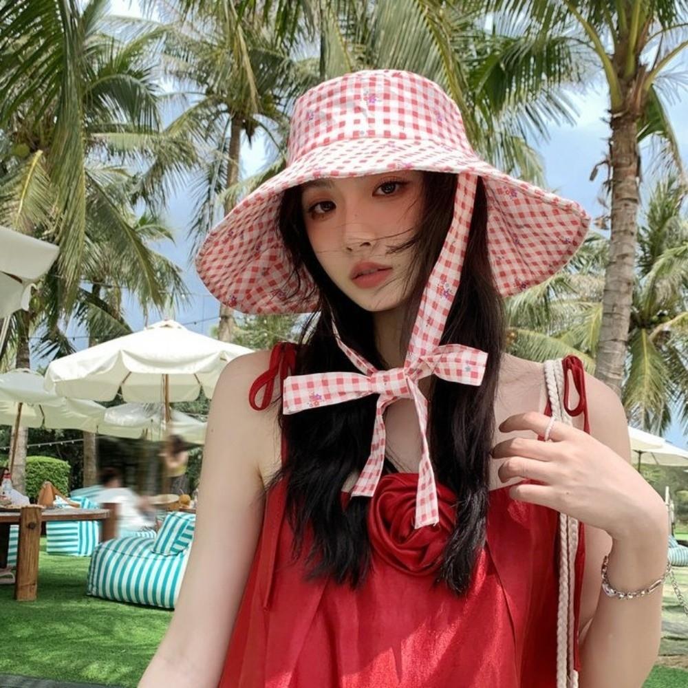 Lace-up Fisherman Hat Double-sided Plaid Sunscreen Hat Fashion Summer Cap  Women