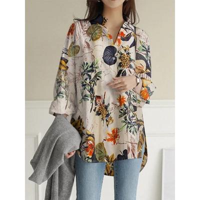 Fashion Long Sleeve Loose Large Size Printed Blouse Women Elegant Long Sleeve Office Ladies Casual Simple Tops Lapel Vintage Spring Summer Shirts