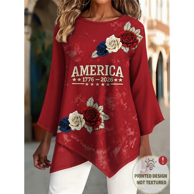 Women's fashionable printed round-neck T-shirt, with asymmetrical cross-over hem design, machine washable