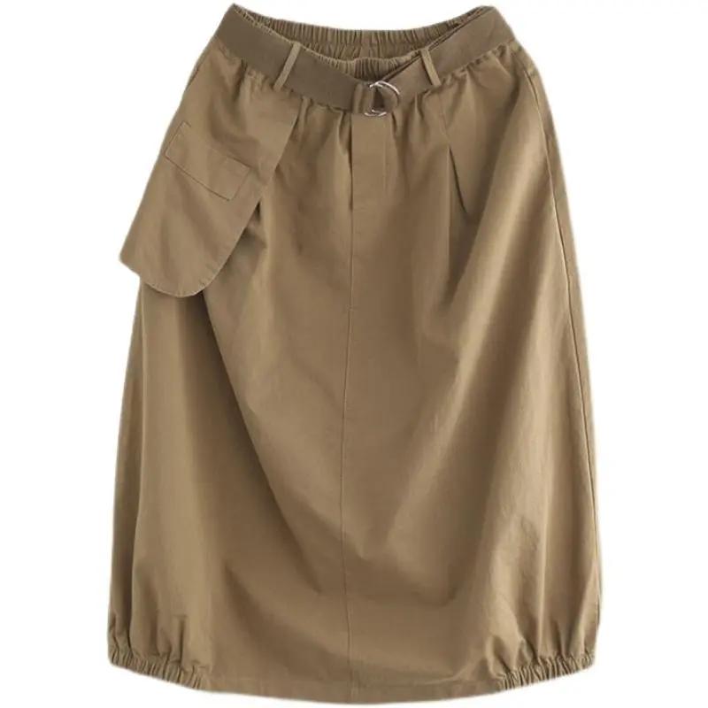 Spódnica Retro Literary Large Size Loose High Waist Cotton Solid Color