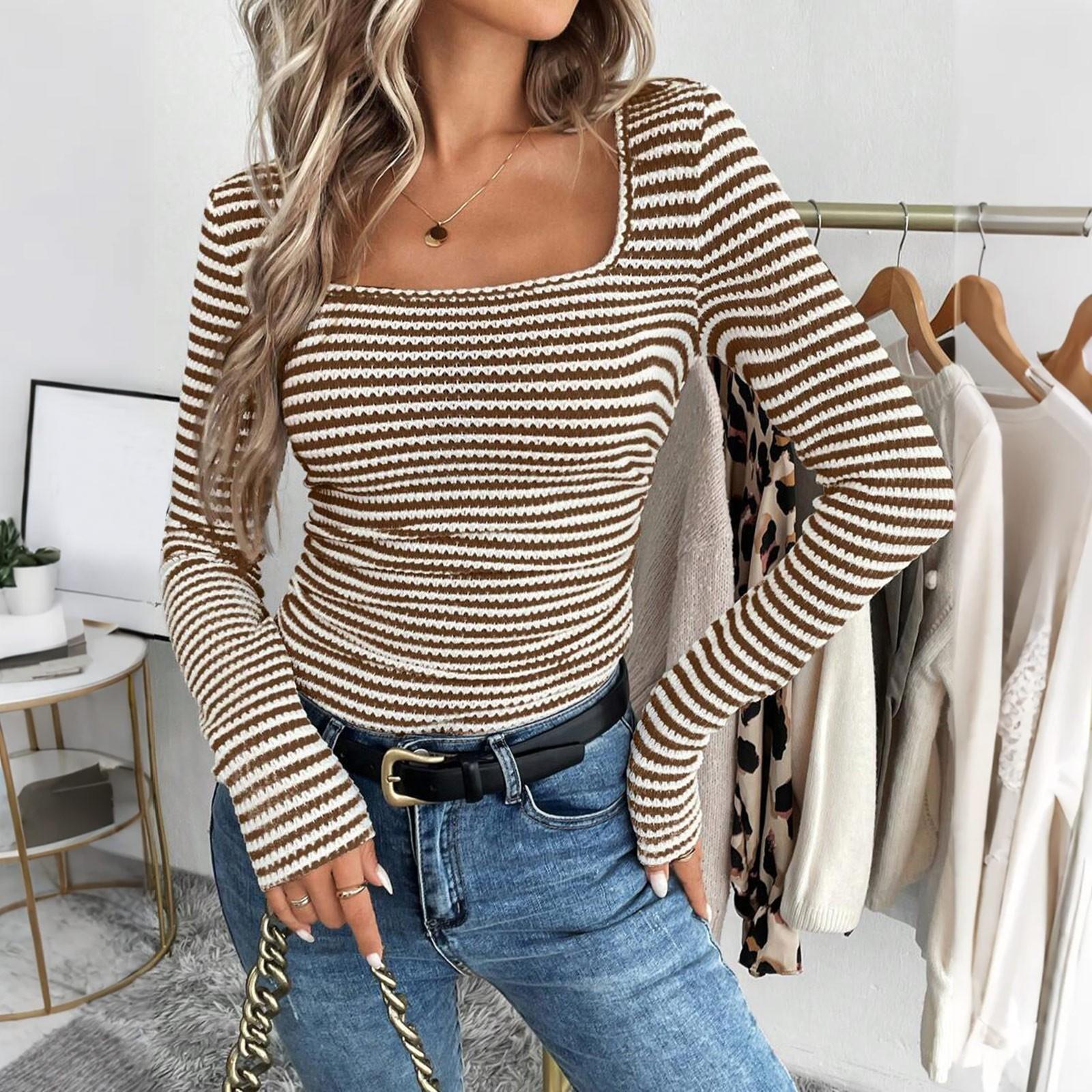 

Women s Casual Fashion Square Neck Pullover Slim Fit Knitted Long Sleeve Bottoming Shirt S кавовий