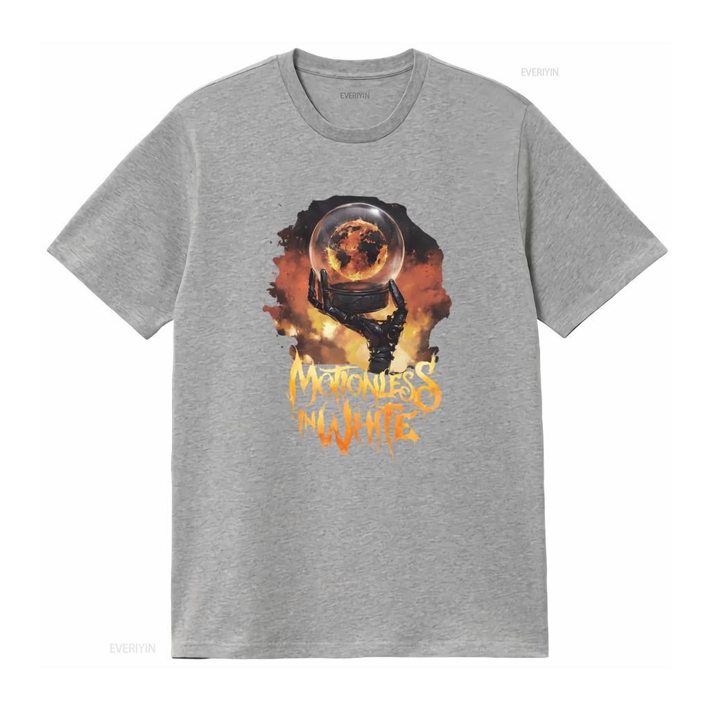 Motionless In White 2023 T Shirt Scoring The End Of World Design Unique Fire Globe Robotic Hand Print Perfect for Rock Fans