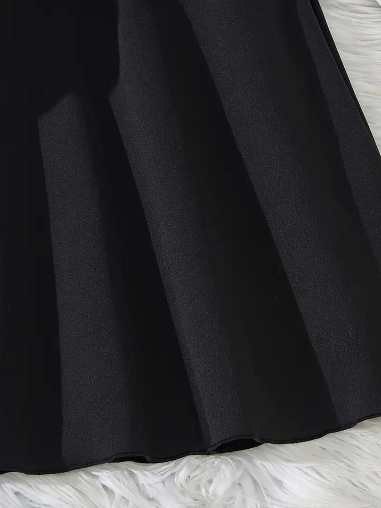 Mädchen Schwarz-Weiß Colorblock Langarm Schulkleid mit Hemdkragen - Preppy Stil für Frühling & Herbst