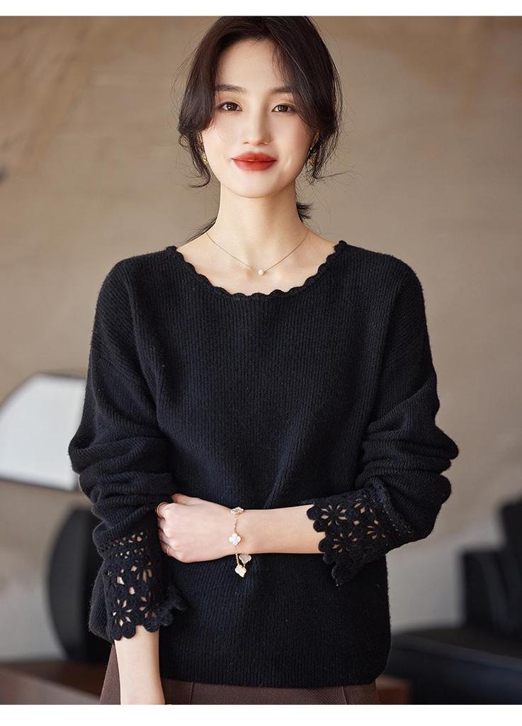 Early Autumn 100% Pure Wool Crochet Knitwear: Elegant Hollow Loose Long Sleeve Slimming Base Layer