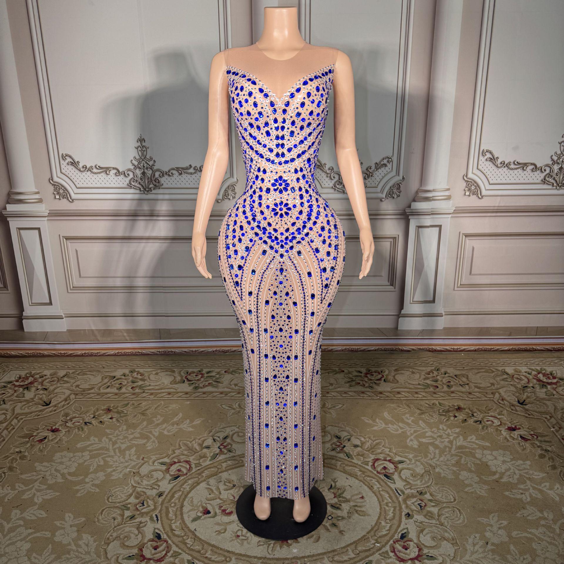 Elegant Sheer Mesh Shiny Cocktail Dress - Party & Performance Ready M синий