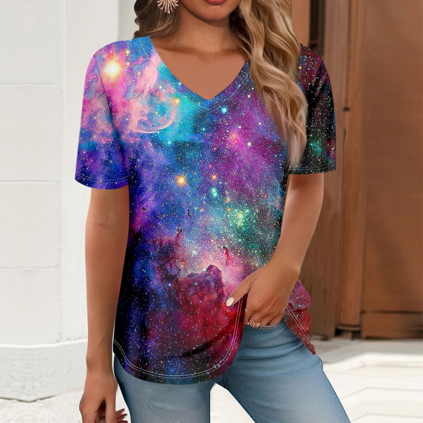 

Женская мода повседневная футболка с v-образным вырезом и короткими рукавами с принтом L