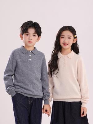 Maglione Premium con Collo a Polo in Lana per Bambini e Bambine - Colore Unito, Strato Base Autunno/Inverno