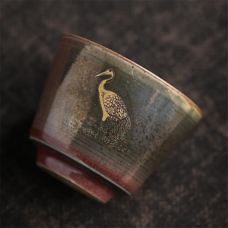 Handmade Coarse Pottery Kiln Change Master Tea Cup Ceramic Hand Painted Crane Teacups Tea Set Drinkware
