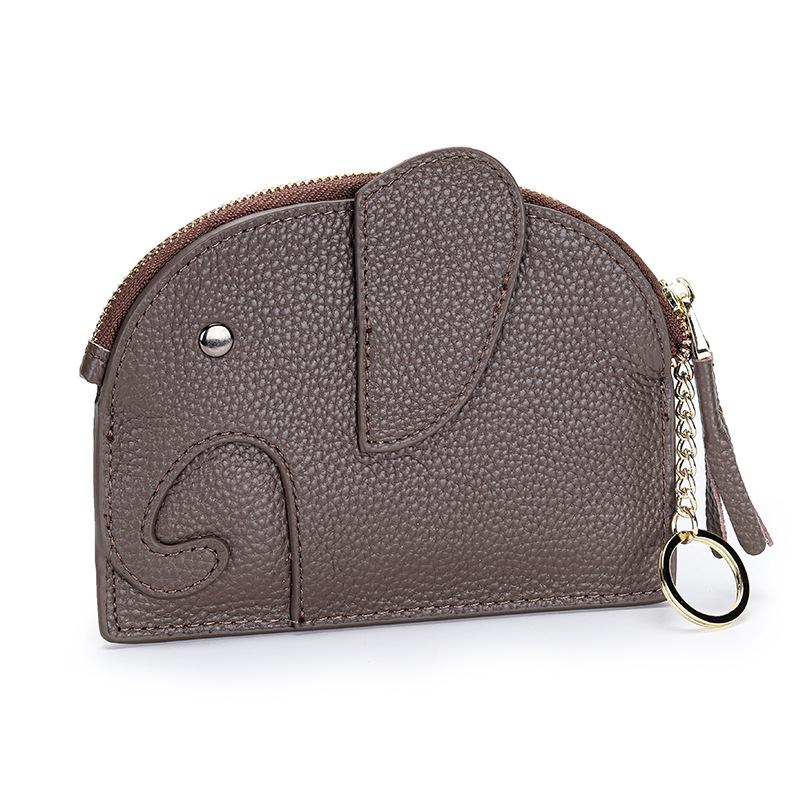 Women's Top Grain Cowhide Mini Coin Purse with Elephant Keychain - Cute, Japanese Style, Real Leather, Super Thin