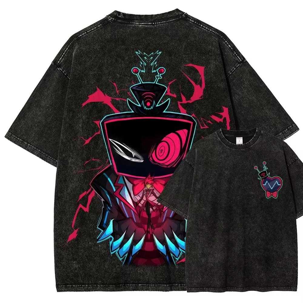 Vintage Washed Hazbin Hotel Graphic T-shirt Unisex Oversized Casual Streetwear Short Sleeve Heavy Cotton Breathable Comfortable Tee Tops