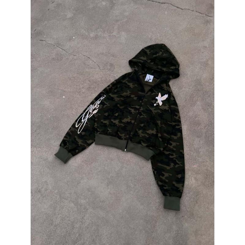 Camouflage Print Hooded Cardigan Sweatshirt Set Long Sleeve Loose Fit Streetwear Teens
