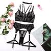 Sexy Lingerie Women Mesh See Through Cross Bra Choker 3pcs Leather Erotic Set Porn Costume Nightwear