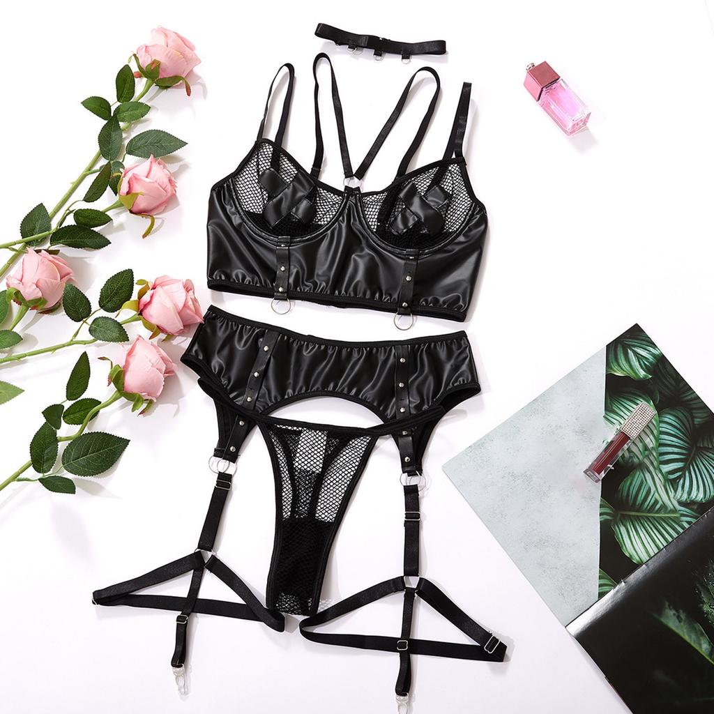 Sexy Lingerie Women Mesh See Through Cross Bra Choker 3pcs Leather Erotic Set Porn Costume Nightwear
