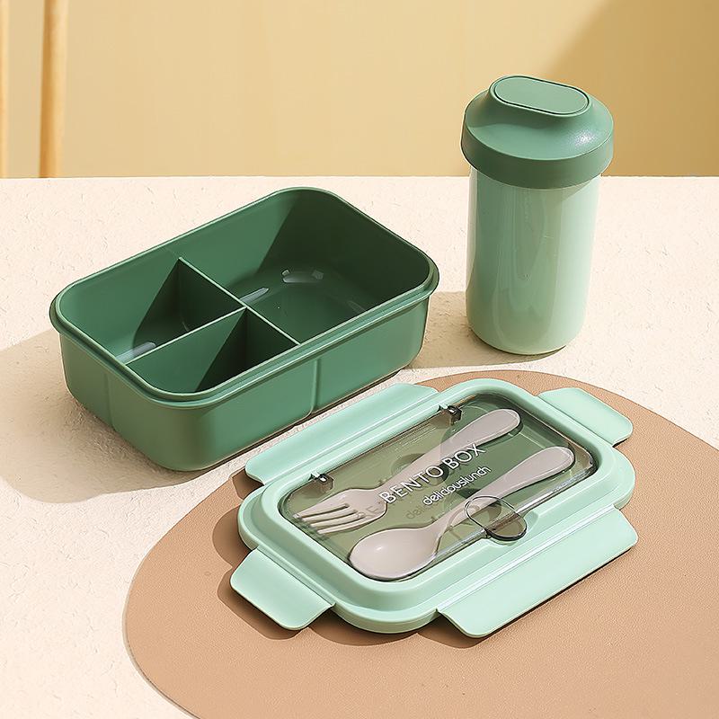 

Ланч-бокс из нержавеющей стали в скандинавском стиле с вилкой и ложкой, подходит для использования в микроволновой печи PP three compartments + water cup зелёный