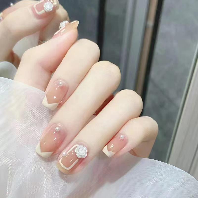 

B518 French Camellia Pearl Nude Nail Art - Pure Desire Gentle Sweet Style False Nails