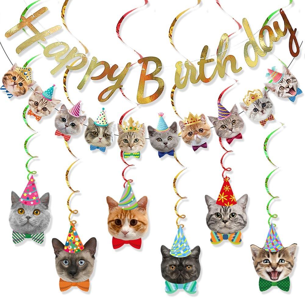 Animal Themed Pet Cat Party Banner Multicolor Cartoon Cat Cartoon Cat Garland Mixed Pattern Birthday Party Decoration Set