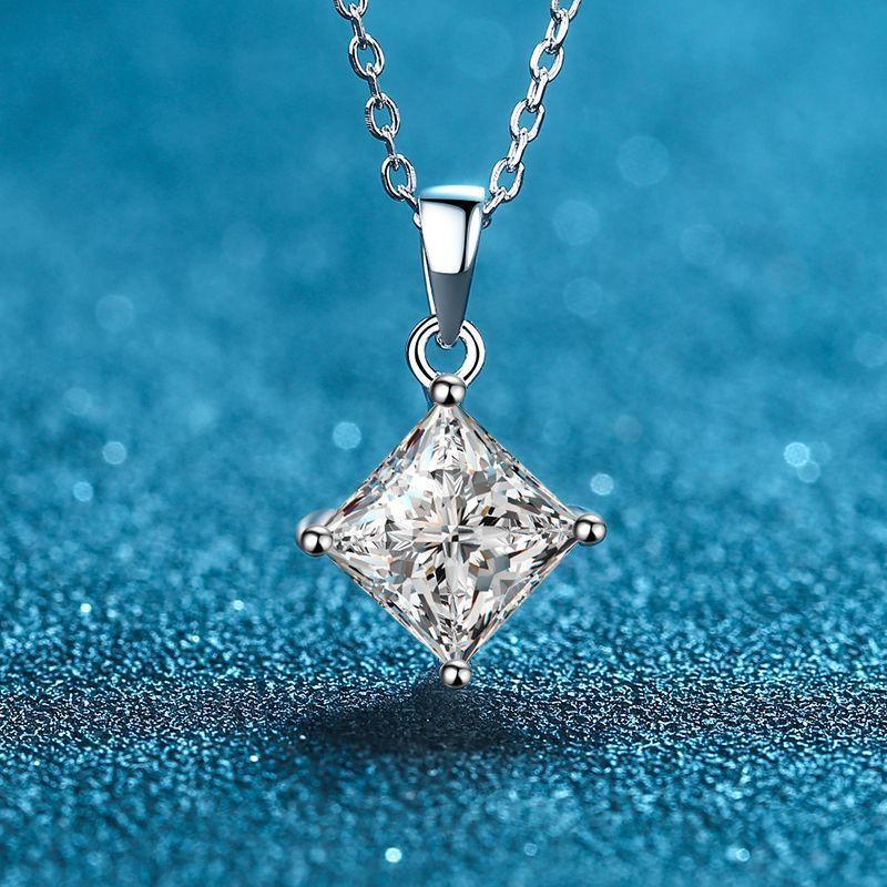 Sterling Princess Cut Moissanite Pendant Necklace 1ct 2ct Geometric Four-Prong Setting Sterling Silver 925