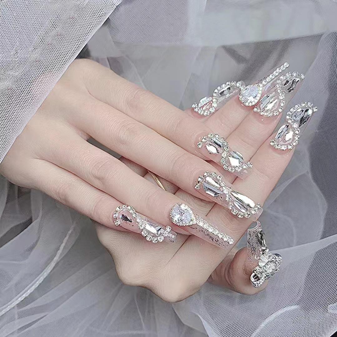 

S13-10 Piece Handmade Diamond Flash Nail Stickers with Bow and Gemstone Design Extra Small