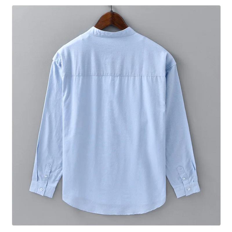 Einfacher Stil Baumwolle Leinen Hemden für Herren Frühling Sommer Täglich Lässig Langarmhemd Tasche Stehkragen Einfarbiges Hemd Strand Atmungsaktiv Herren Top