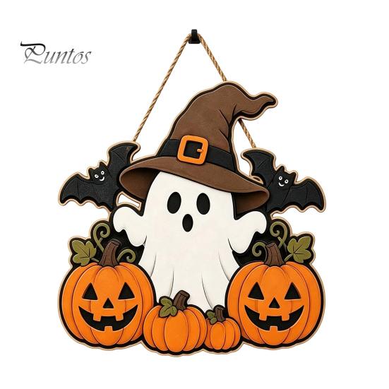 Seasonal Home Accents Halloween Wooden Ghost Welcome Sign for Front Door, Rustic Cartoon Hanging Trick or Treat Plaque with Pumpkin Wizard Hat