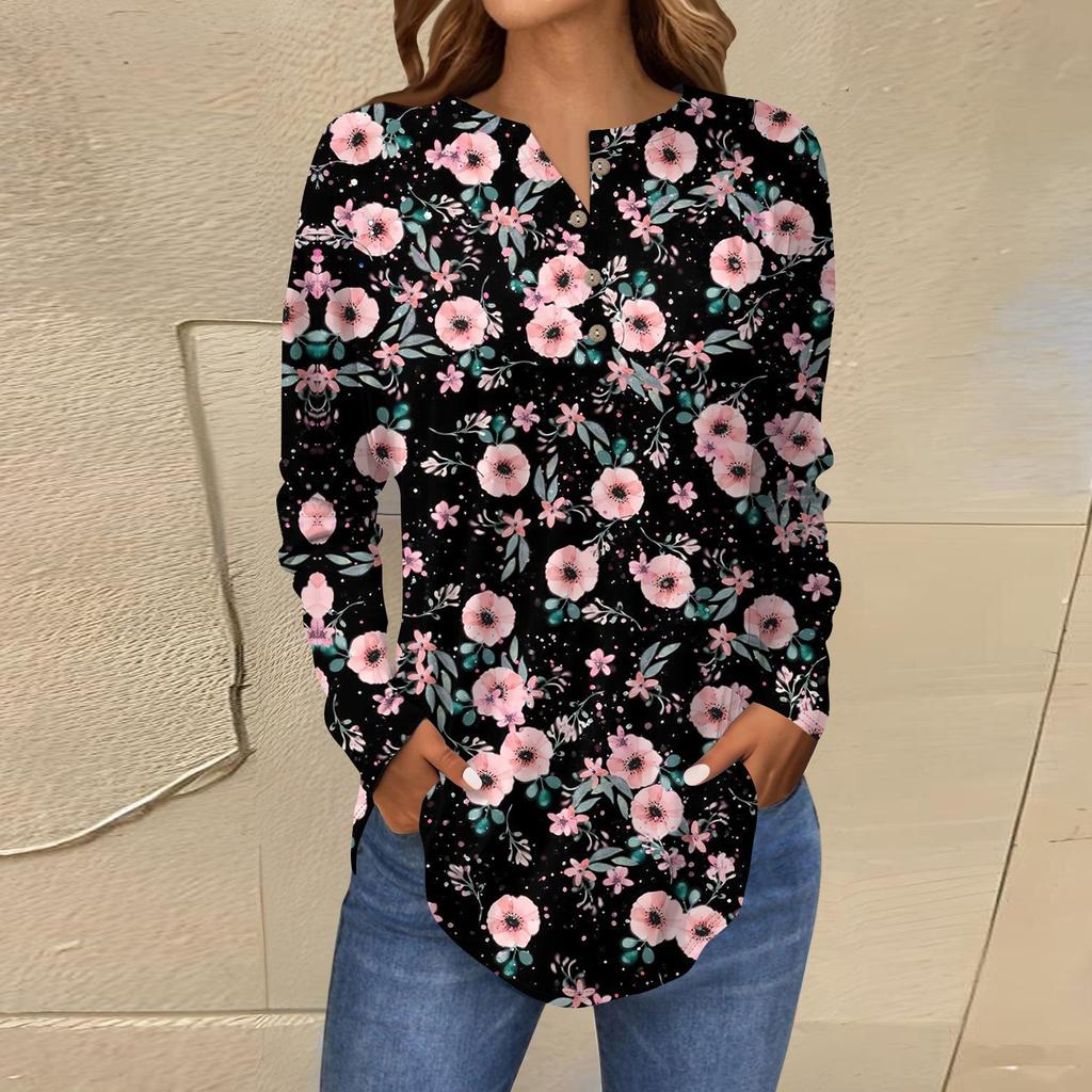 T-shirt à manches longues et col boutonné ample pour femme