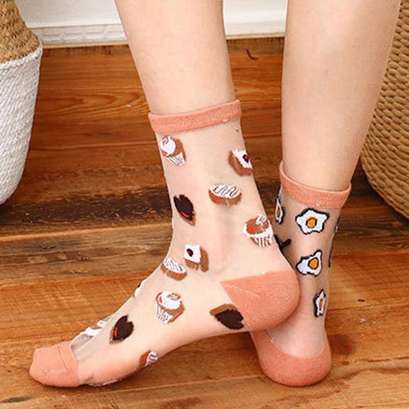 Summer Women Socks Ultra-thin Transparent Crystal Silk Socks Women Cartoon Print Japanese Kawaii Cute Funny Elastic Long Socks