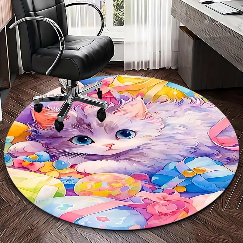 1pc Anime Design Round Carpet Cute Kitten with Colorful Flowers Chair Mat for Office, Home Decor, Living Room, Bedroom, Game Room, Non Slip Rug