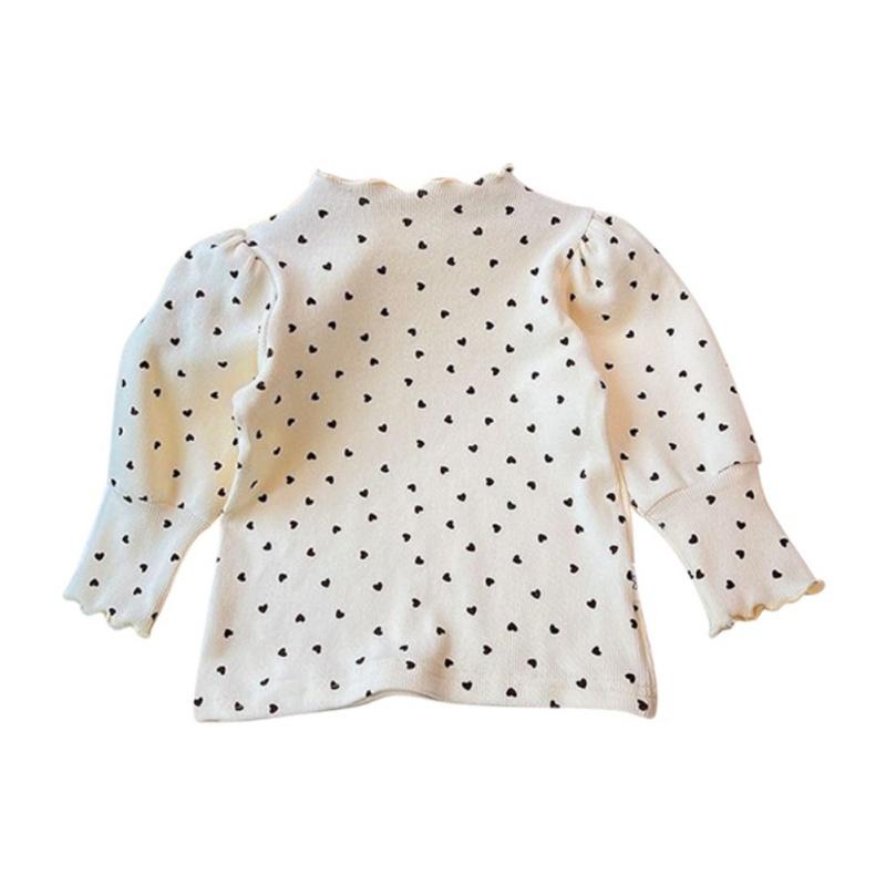 Baby Girl Long Sleeved Top Children's T-Shirt Puff Sleeve Heart-Shaped Printed Kids Top