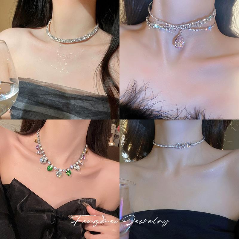 European and American exaggerated diamond-set love water drop fringe necklace design sense collarbone chain bridal temperament item decoration