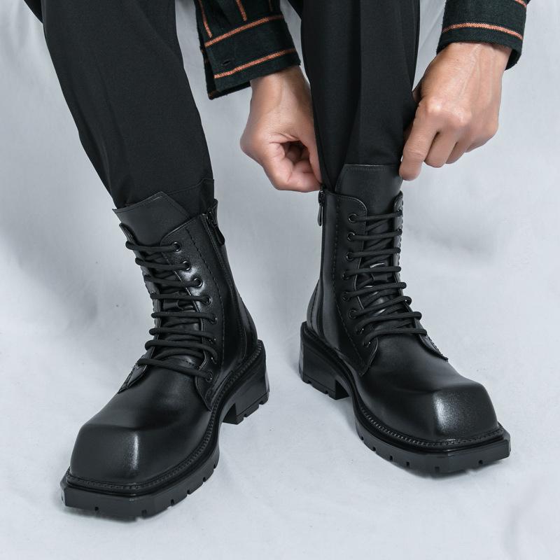 European & American Plus Size Men's Autumn High-Top Martin Boots – British Style Retro Motorcycle Leather Boots with Height Increase